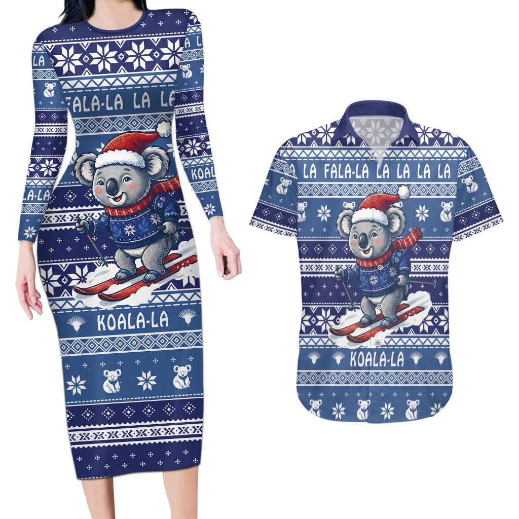 Australia Christmas In July Couples Matching Long Sleeve Bodycon Dress and Hawaiian Shirt Koala Santa Skiing Blue Color