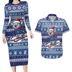 Australia Christmas In July Couples Matching Long Sleeve Bodycon Dress and Hawaiian Shirt Koala Santa Skiing Blue Color