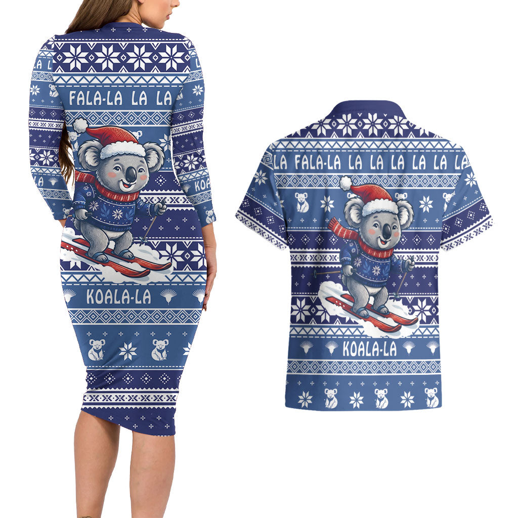 Australia Christmas In July Couples Matching Long Sleeve Bodycon Dress and Hawaiian Shirt Koala Santa Skiing Blue Color