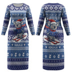 Australia Christmas In July Couples Matching Long Sleeve Bodycon Dress and Hawaiian Shirt Koala Santa Skiing Blue Color LT22
