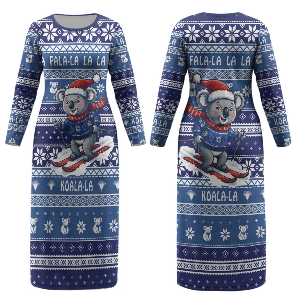 Australia Christmas In July Couples Matching Long Sleeve Bodycon Dress and Hawaiian Shirt Koala Santa Skiing Blue Color LT22