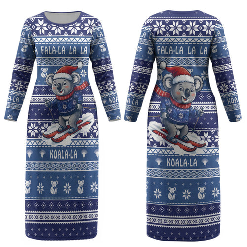 Australia Christmas In July Couples Matching Long Sleeve Bodycon Dress and Hawaiian Shirt Koala Santa Skiing Blue Color LT22
