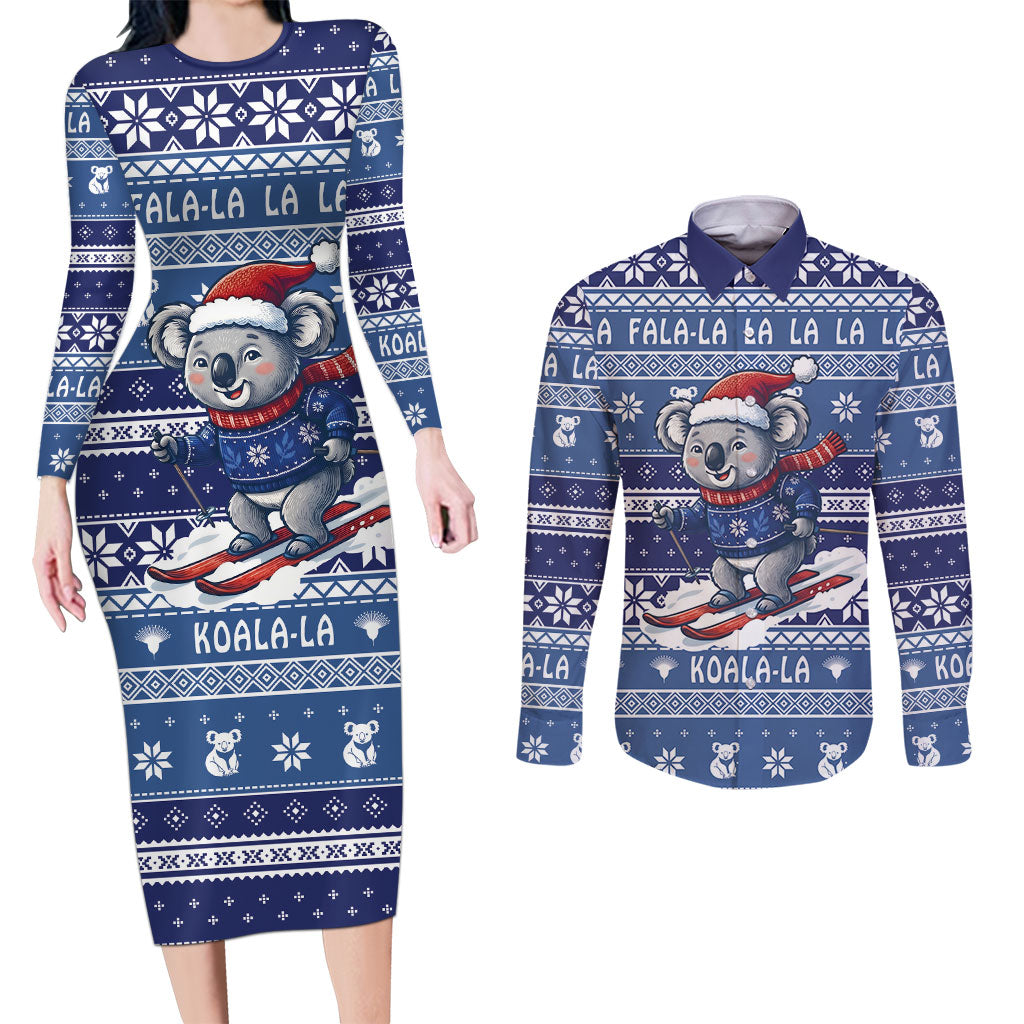 Australia Christmas In July Couples Matching Long Sleeve Bodycon Dress and Long Sleeve Button Shirt Koala Santa Skiing Blue Color