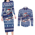 Australia Christmas In July Couples Matching Long Sleeve Bodycon Dress and Long Sleeve Button Shirt Koala Santa Skiing Blue Color