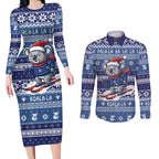 Australia Christmas In July Couples Matching Long Sleeve Bodycon Dress and Long Sleeve Button Shirt Koala Santa Skiing Blue Color