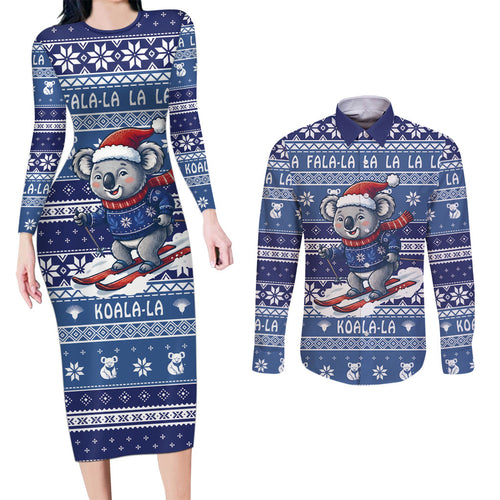 Australia Christmas In July Couples Matching Long Sleeve Bodycon Dress and Long Sleeve Button Shirt Koala Santa Skiing Blue Color