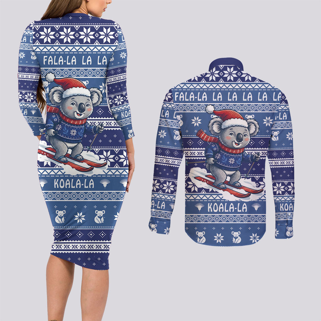 Australia Christmas In July Couples Matching Long Sleeve Bodycon Dress and Long Sleeve Button Shirt Koala Santa Skiing Blue Color