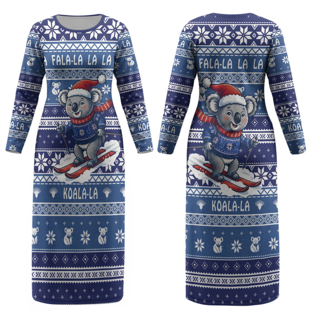 Australia Christmas In July Couples Matching Long Sleeve Bodycon Dress and Long Sleeve Button Shirt Koala Santa Skiing Blue Color LT22
