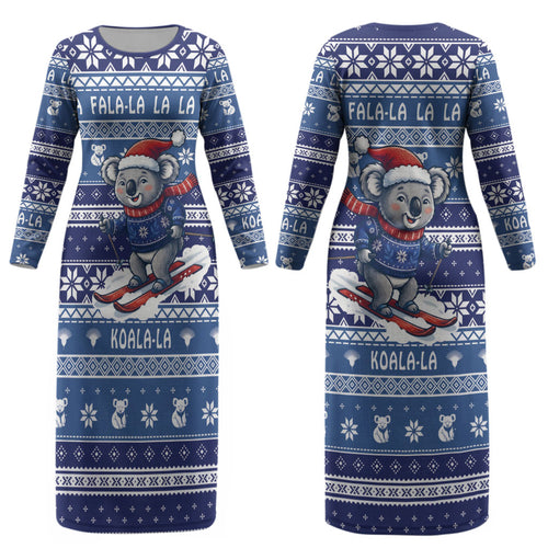 Australia Christmas In July Couples Matching Long Sleeve Bodycon Dress and Long Sleeve Button Shirt Koala Santa Skiing Blue Color LT22