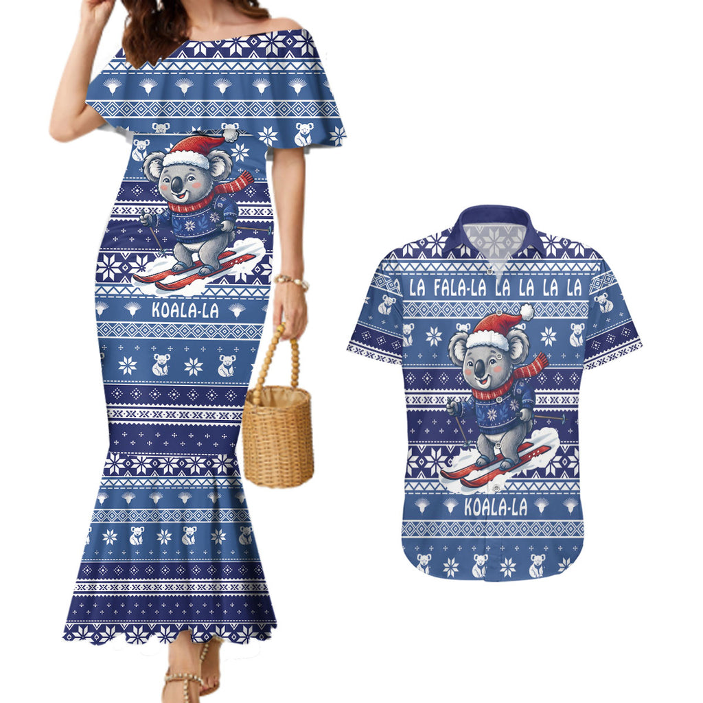 Australia Christmas In July Couples Matching Mermaid Dress and Hawaiian Shirt Koala Santa Skiing Blue Color