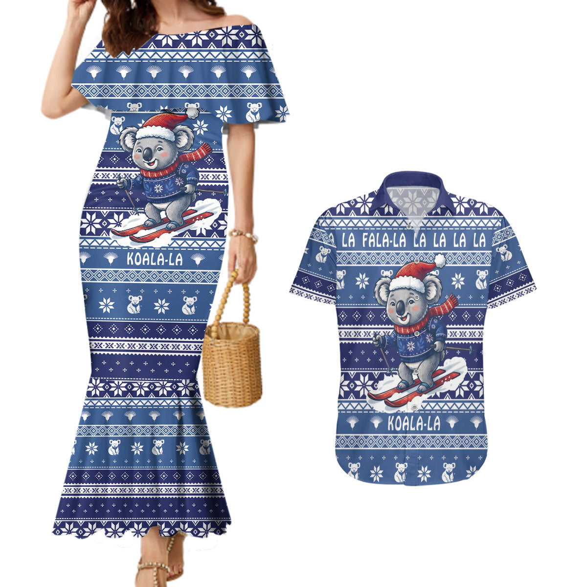 Australia Christmas In July Couples Matching Mermaid Dress and Hawaiian Shirt Koala Santa Skiing Blue Color