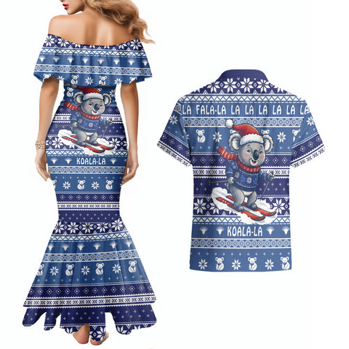 Australia Christmas In July Couples Matching Mermaid Dress and Hawaiian Shirt Koala Santa Skiing Blue Color