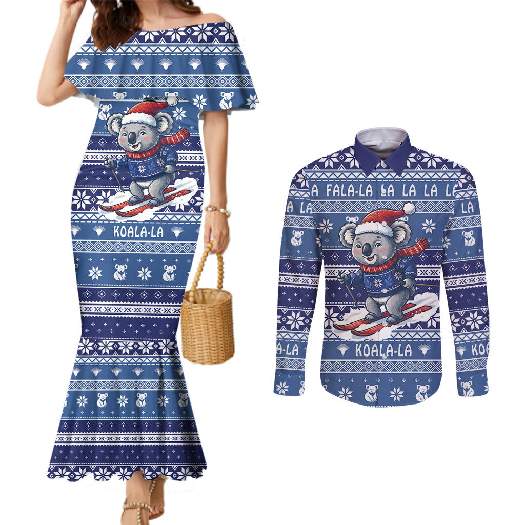 Australia Christmas In July Couples Matching Mermaid Dress and Long Sleeve Button Shirt Koala Santa Skiing Blue Color