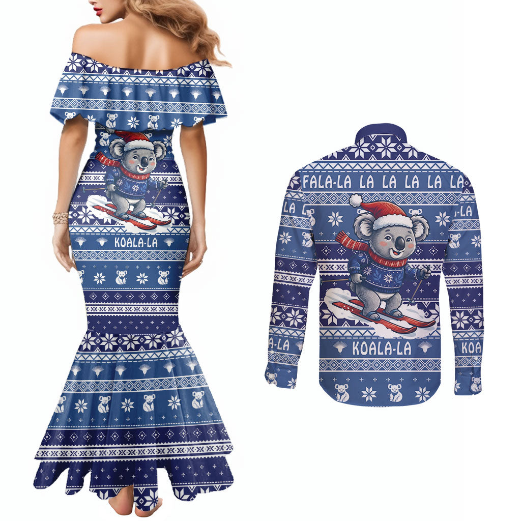 Australia Christmas In July Couples Matching Mermaid Dress and Long Sleeve Button Shirt Koala Santa Skiing Blue Color