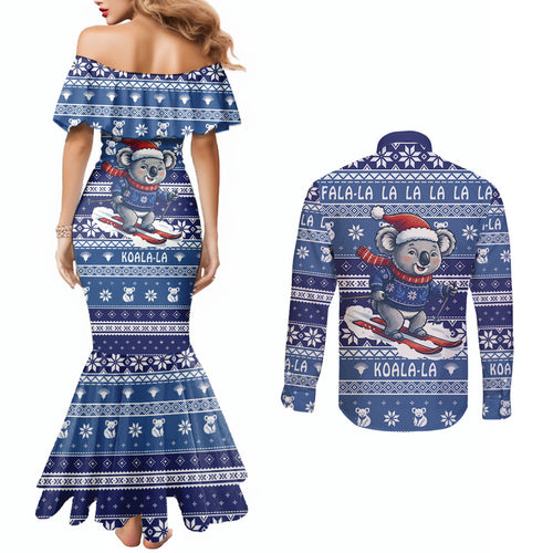 Australia Christmas In July Couples Matching Mermaid Dress and Long Sleeve Button Shirt Koala Santa Skiing Blue Color