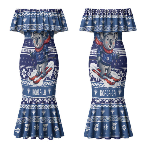 Australia Christmas In July Couples Matching Mermaid Dress and Long Sleeve Button Shirt Koala Santa Skiing Blue Color LT22