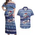 Australia Christmas In July Couples Matching Off Shoulder Maxi Dress and Hawaiian Shirt Koala Santa Skiing Blue Color
