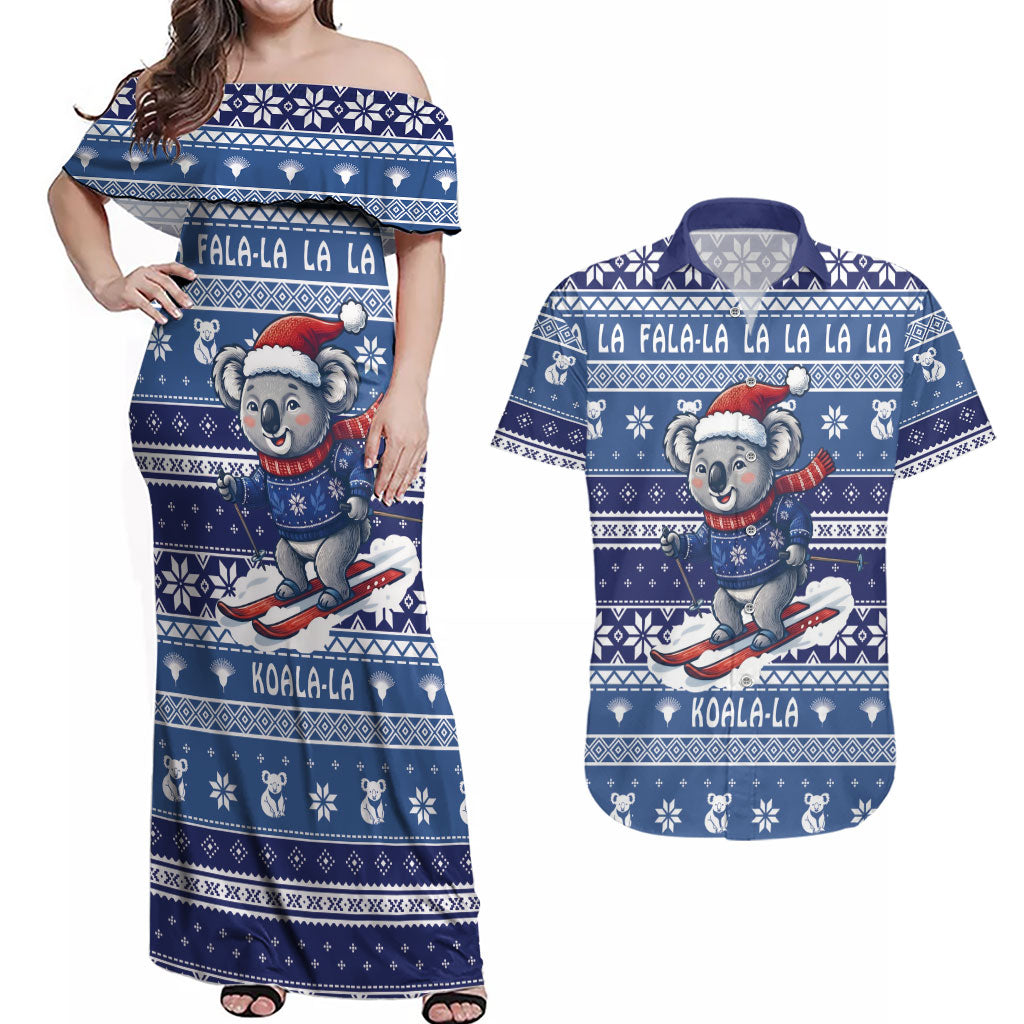 Australia Christmas In July Couples Matching Off Shoulder Maxi Dress and Hawaiian Shirt Koala Santa Skiing Blue Color