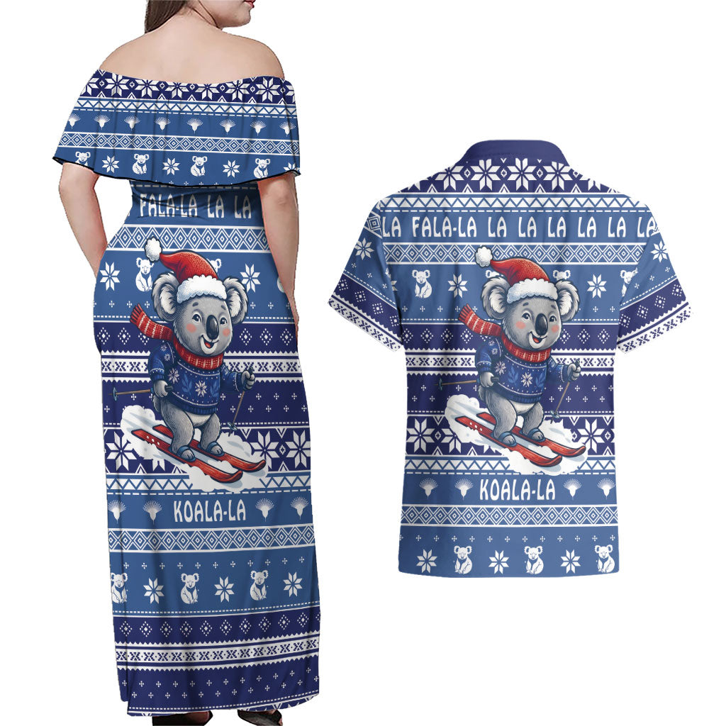 Australia Christmas In July Couples Matching Off Shoulder Maxi Dress and Hawaiian Shirt Koala Santa Skiing Blue Color