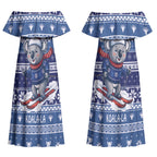 Australia Christmas In July Couples Matching Off Shoulder Maxi Dress and Hawaiian Shirt Koala Santa Skiing Blue Color LT22