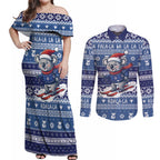 Australia Christmas In July Couples Matching Off Shoulder Maxi Dress and Long Sleeve Button Shirt Koala Santa Skiing Blue Color