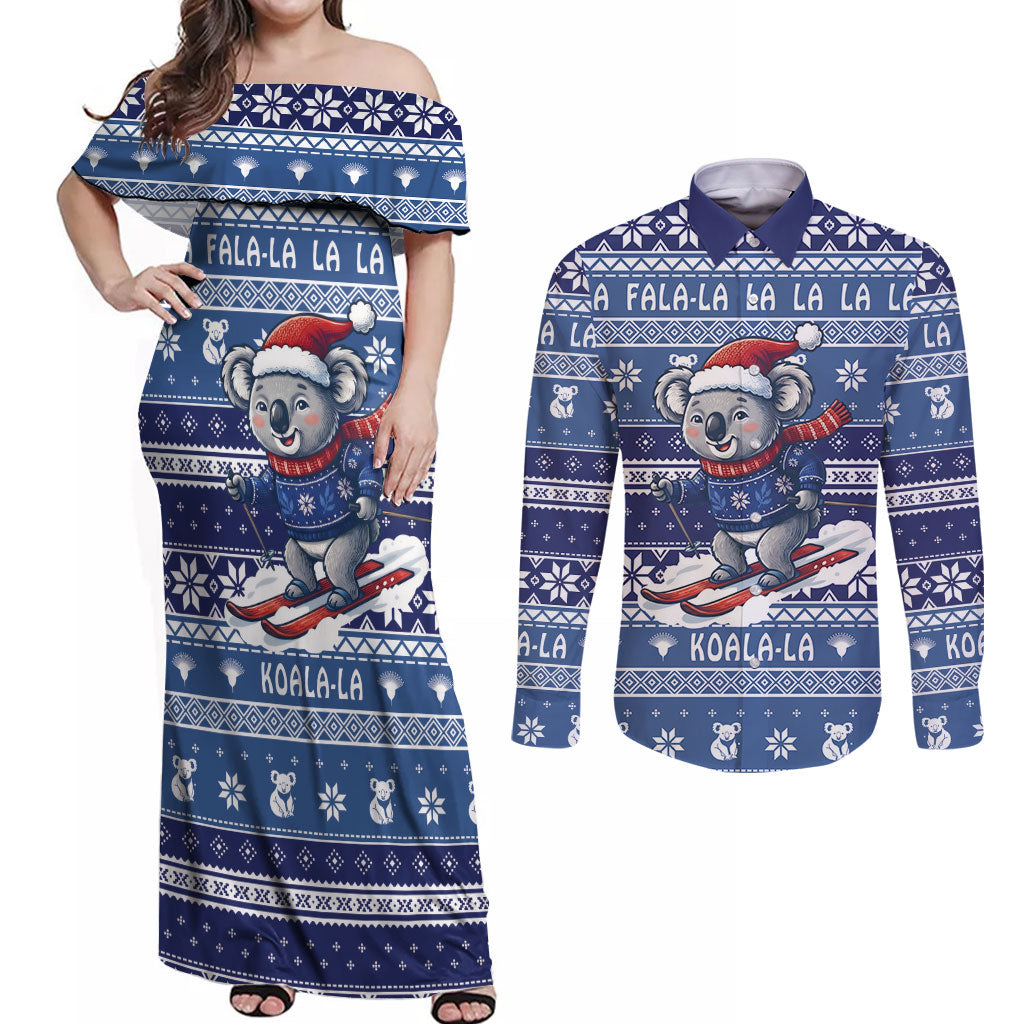 Australia Christmas In July Couples Matching Off Shoulder Maxi Dress and Long Sleeve Button Shirt Koala Santa Skiing Blue Color