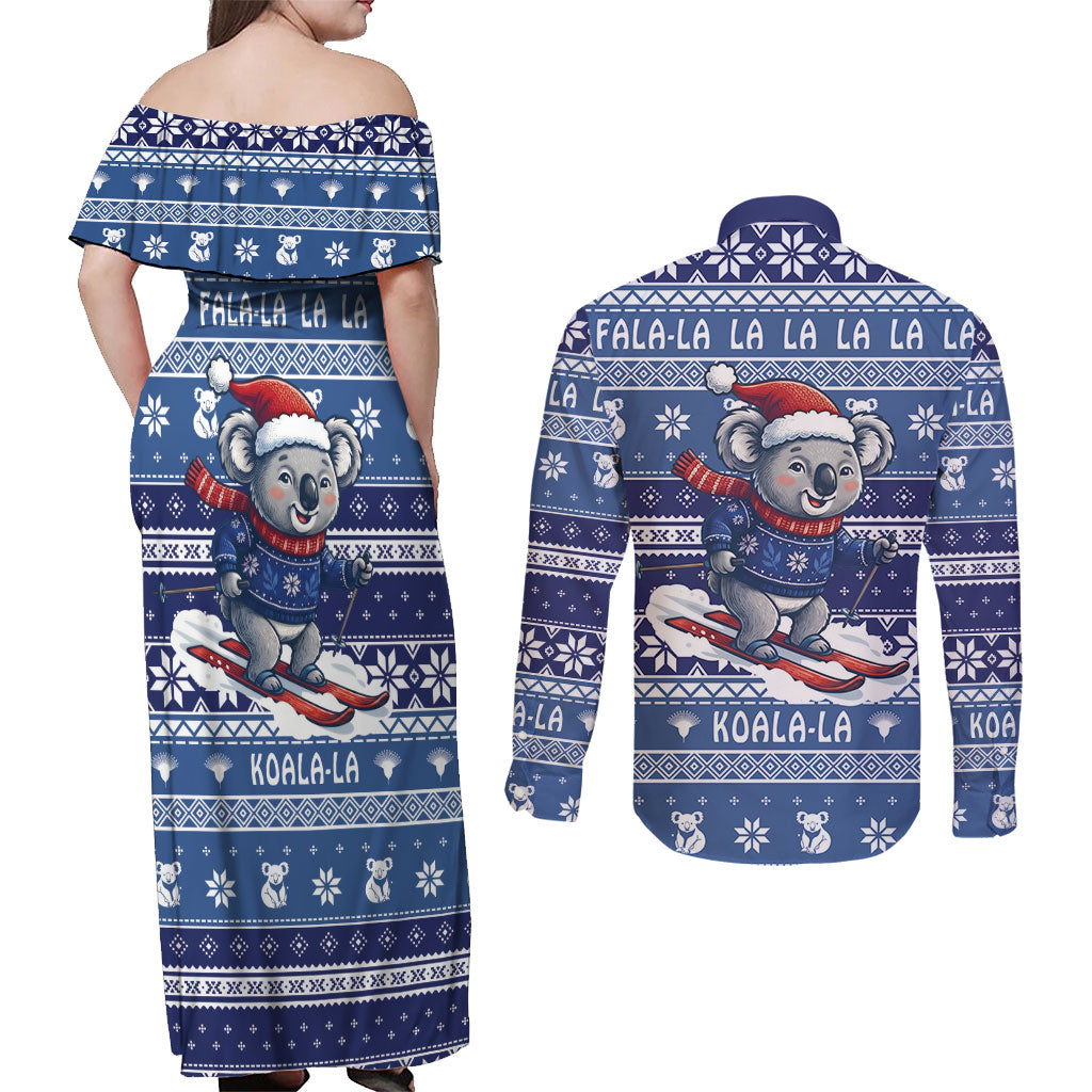 Australia Christmas In July Couples Matching Off Shoulder Maxi Dress and Long Sleeve Button Shirt Koala Santa Skiing Blue Color