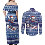 Australia Christmas In July Couples Matching Off Shoulder Maxi Dress and Long Sleeve Button Shirt Koala Santa Skiing Blue Color