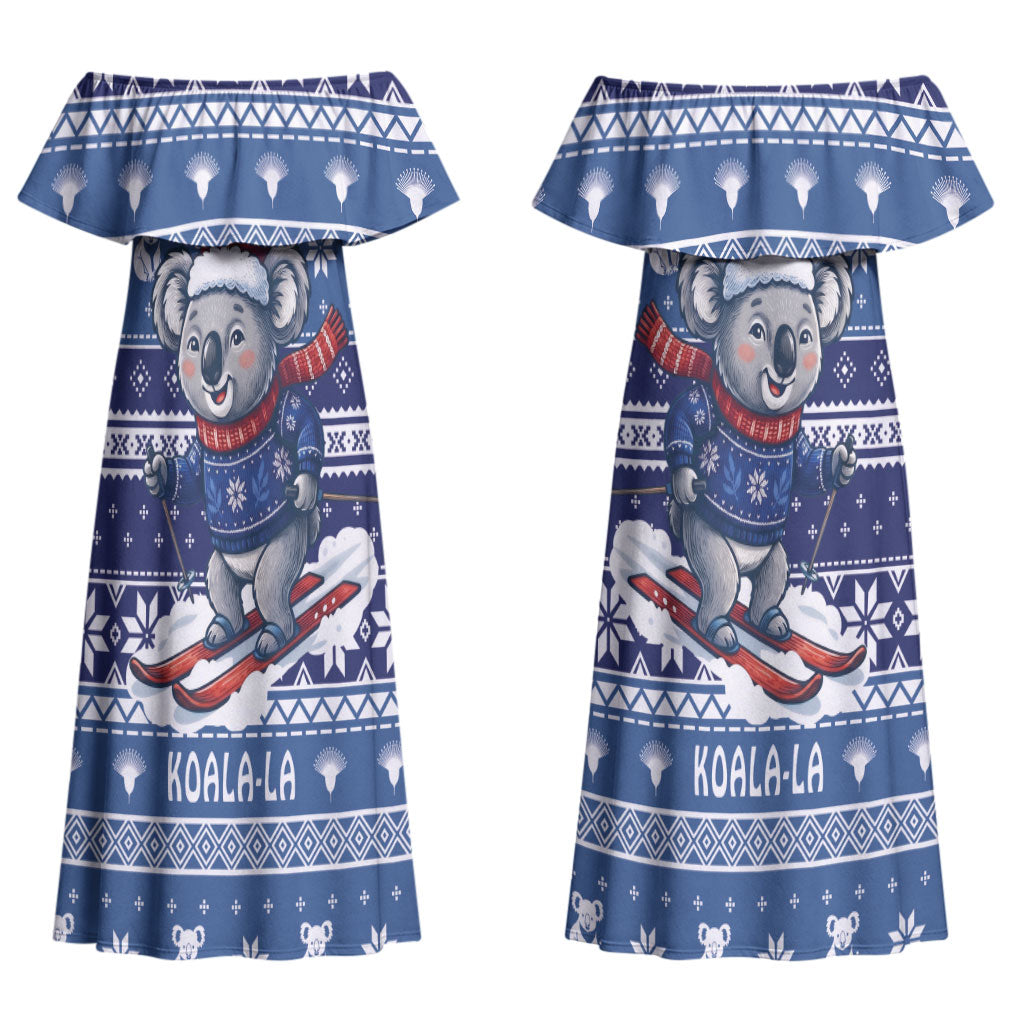 Australia Christmas In July Couples Matching Off Shoulder Maxi Dress and Long Sleeve Button Shirt Koala Santa Skiing Blue Color LT22