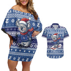 Australia Christmas In July Couples Matching Off Shoulder Short Dress and Hawaiian Shirt Koala Santa Skiing Blue Color