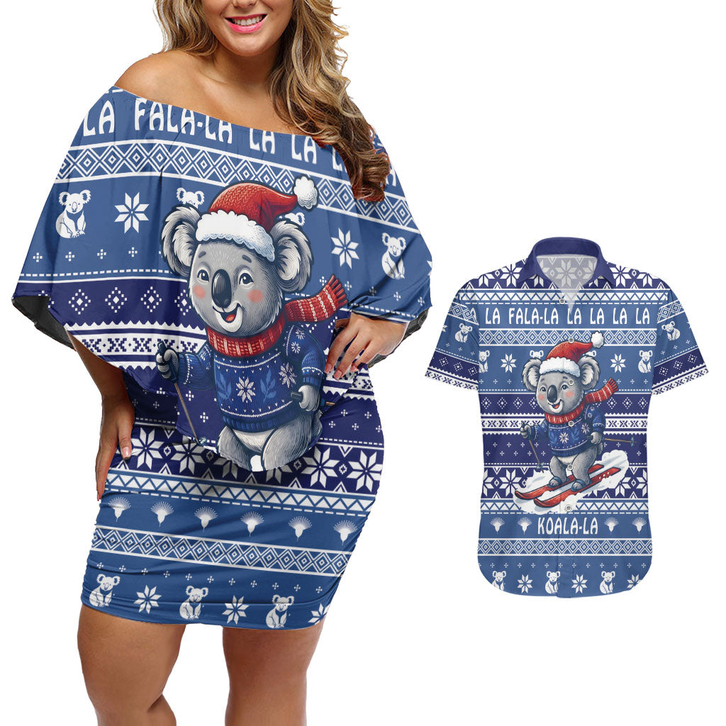 Australia Christmas In July Couples Matching Off Shoulder Short Dress and Hawaiian Shirt Koala Santa Skiing Blue Color