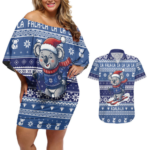 Australia Christmas In July Couples Matching Off Shoulder Short Dress and Hawaiian Shirt Koala Santa Skiing Blue Color