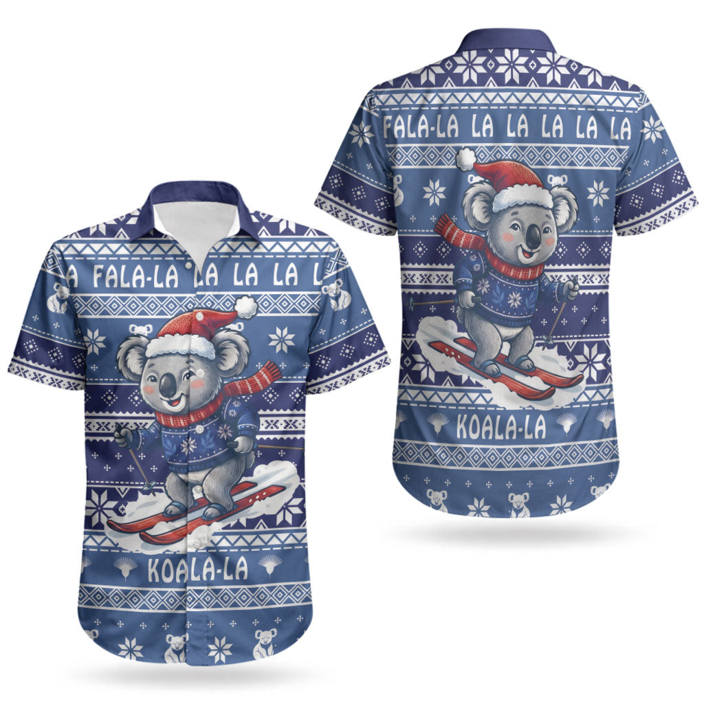 Australia Christmas In July Couples Matching Off Shoulder Short Dress and Hawaiian Shirt Koala Santa Skiing Blue Color LT22