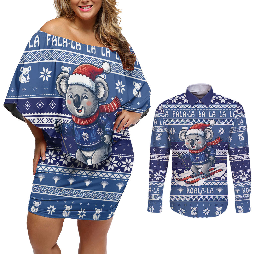 Australia Christmas In July Couples Matching Off Shoulder Short Dress and Long Sleeve Button Shirt Koala Santa Skiing Blue Color