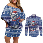 Australia Christmas In July Couples Matching Off Shoulder Short Dress and Long Sleeve Button Shirt Koala Santa Skiing Blue Color