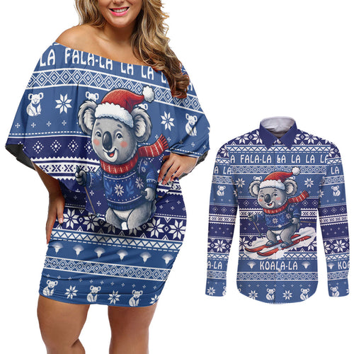 Australia Christmas In July Couples Matching Off Shoulder Short Dress and Long Sleeve Button Shirt Koala Santa Skiing Blue Color