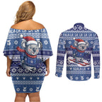 Australia Christmas In July Couples Matching Off Shoulder Short Dress and Long Sleeve Button Shirt Koala Santa Skiing Blue Color