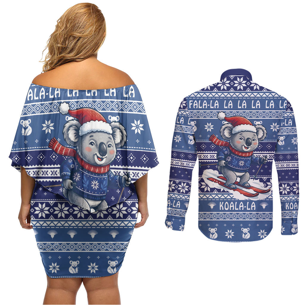 Australia Christmas In July Couples Matching Off Shoulder Short Dress and Long Sleeve Button Shirt Koala Santa Skiing Blue Color