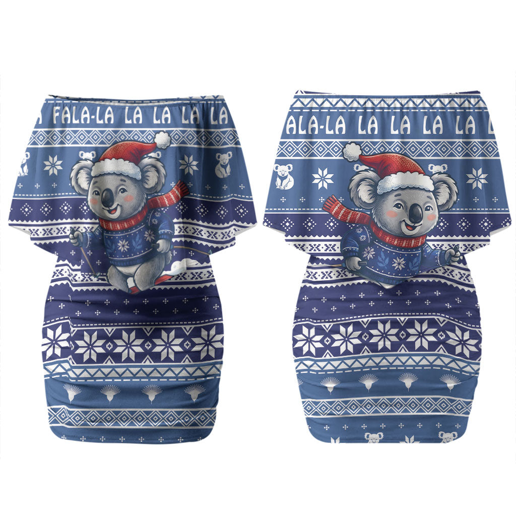 Australia Christmas In July Couples Matching Off Shoulder Short Dress and Long Sleeve Button Shirt Koala Santa Skiing Blue Color LT22