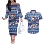 Australia Christmas In July Couples Matching Off The Shoulder Long Sleeve Dress and Hawaiian Shirt Koala Santa Skiing Blue Color