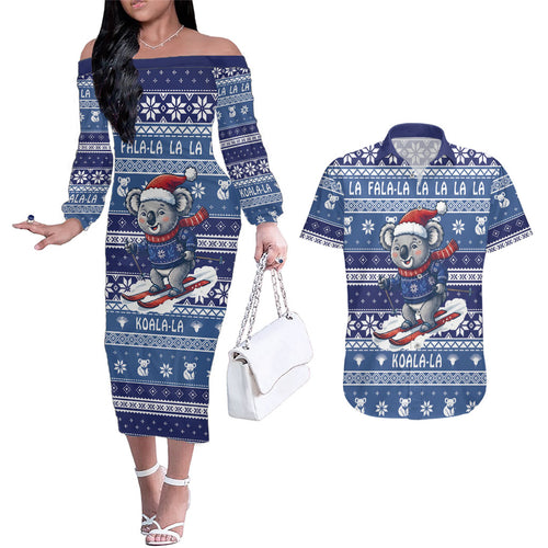 Australia Christmas In July Couples Matching Off The Shoulder Long Sleeve Dress and Hawaiian Shirt Koala Santa Skiing Blue Color
