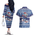 Australia Christmas In July Couples Matching Off The Shoulder Long Sleeve Dress and Hawaiian Shirt Koala Santa Skiing Blue Color