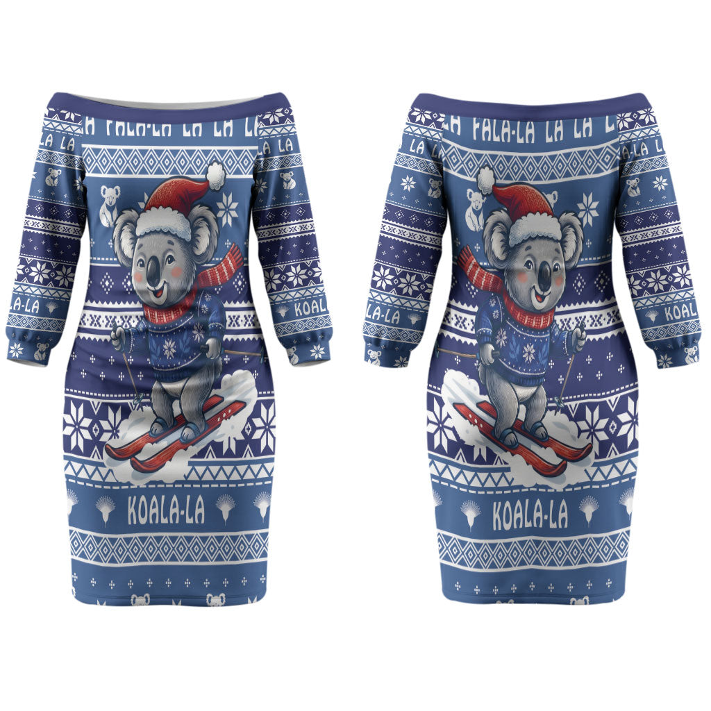 Australia Christmas In July Couples Matching Off The Shoulder Long Sleeve Dress and Hawaiian Shirt Koala Santa Skiing Blue Color LT22