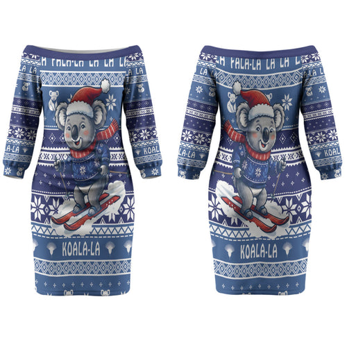 Australia Christmas In July Couples Matching Off The Shoulder Long Sleeve Dress and Hawaiian Shirt Koala Santa Skiing Blue Color LT22
