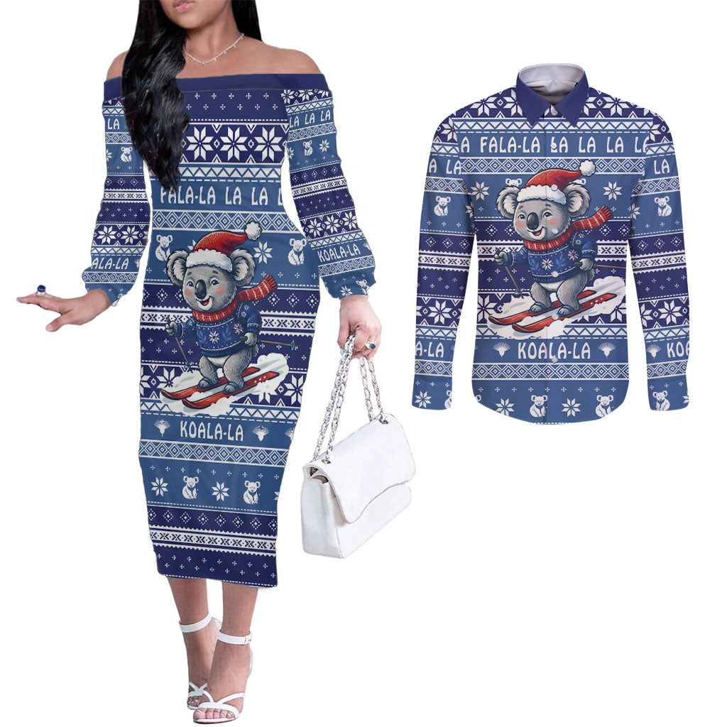 Australia Christmas In July Couples Matching Off The Shoulder Long Sleeve Dress and Long Sleeve Button Shirt Koala Santa Skiing Blue Color