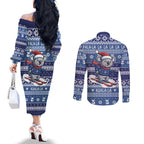 Australia Christmas In July Couples Matching Off The Shoulder Long Sleeve Dress and Long Sleeve Button Shirt Koala Santa Skiing Blue Color