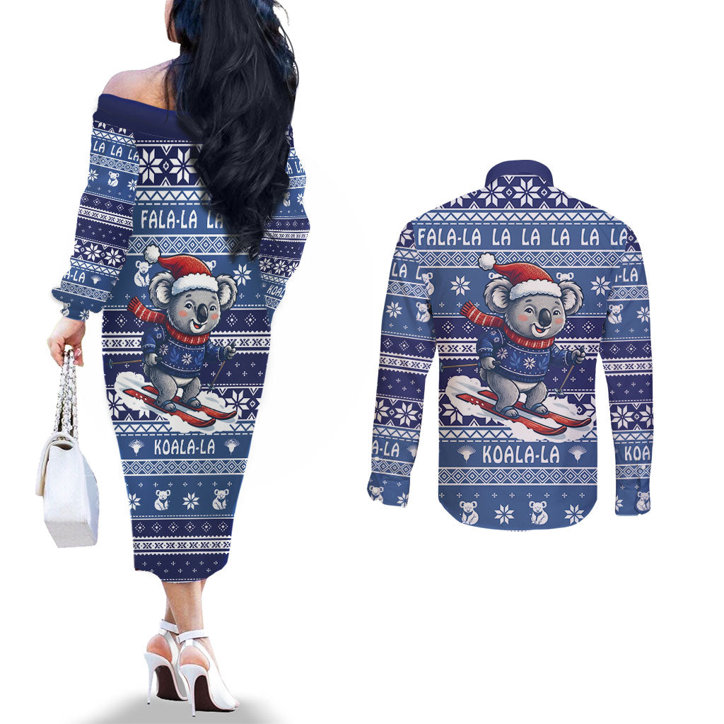 Australia Christmas In July Couples Matching Off The Shoulder Long Sleeve Dress and Long Sleeve Button Shirt Koala Santa Skiing Blue Color