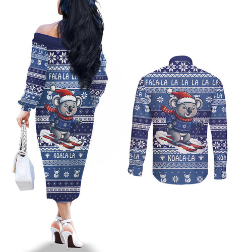Australia Christmas In July Couples Matching Off The Shoulder Long Sleeve Dress and Long Sleeve Button Shirt Koala Santa Skiing Blue Color
