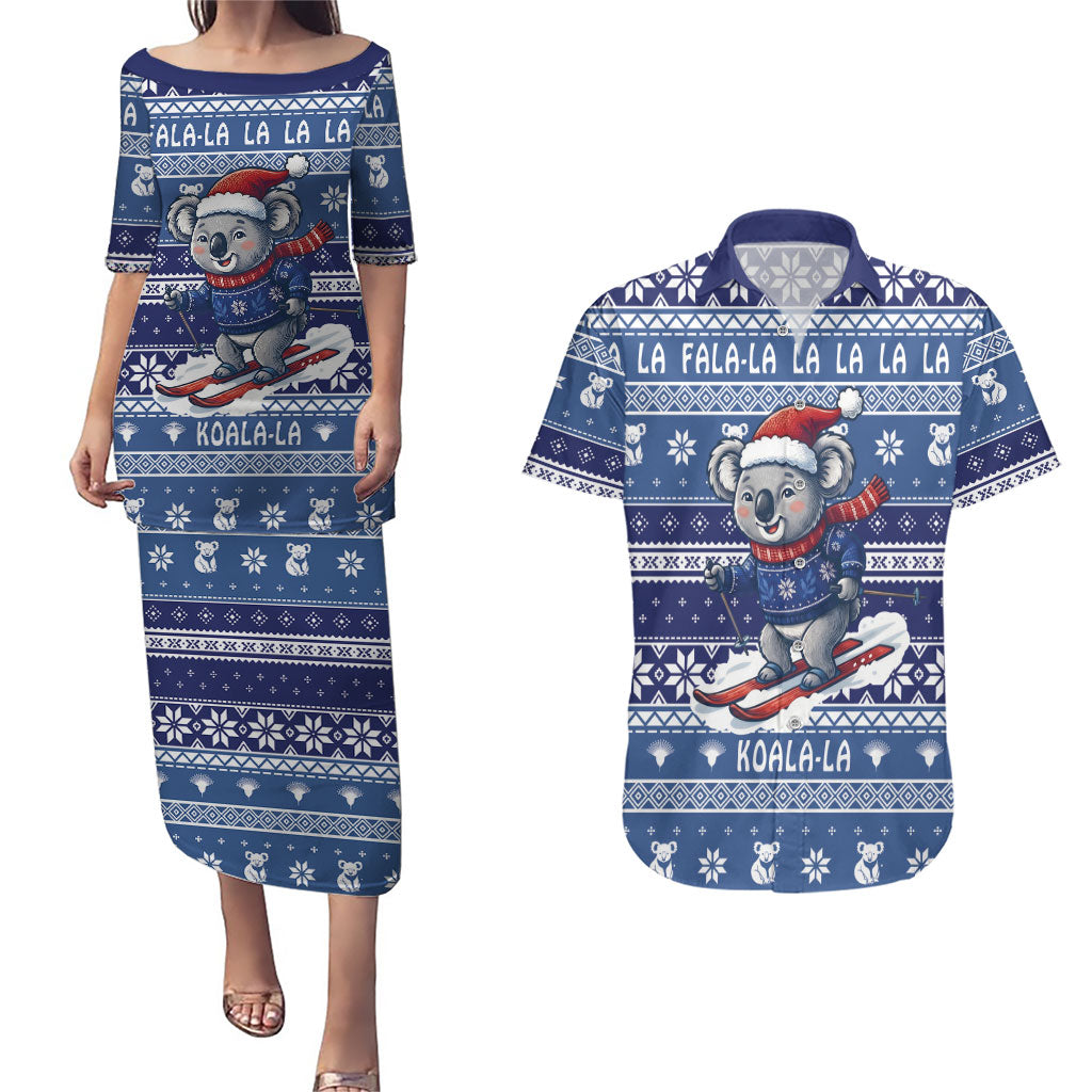 Australia Christmas In July Couples Matching Puletasi and Hawaiian Shirt Koala Santa Skiing Blue Color