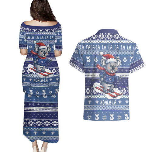 Australia Christmas In July Couples Matching Puletasi and Hawaiian Shirt Koala Santa Skiing Blue Color